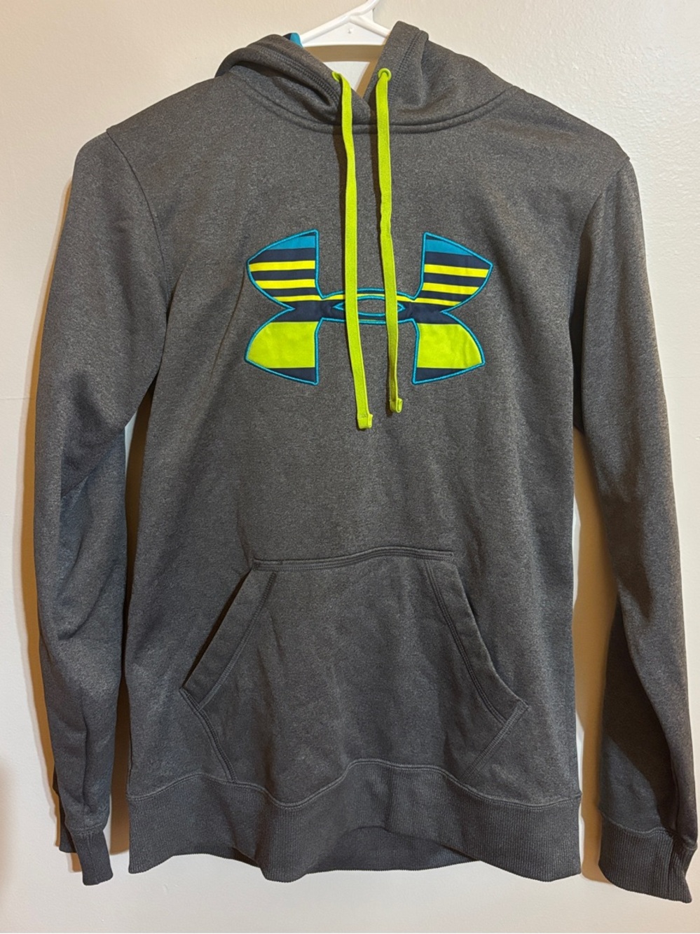 Under Armour  Charcoal Hoodie with Neon Green & Teal Logo Women’s small
